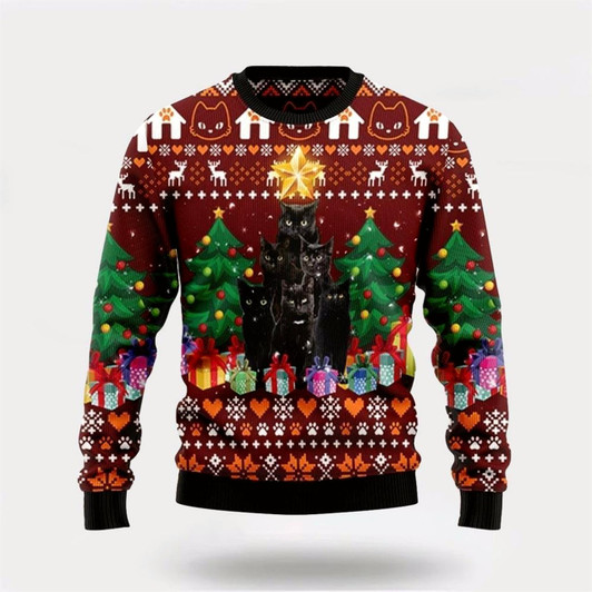Goofygearprints Black Cat Pine Tree Ugly Christmas Sweater For Men And Women, Best Gift For Christmas, Christmas Fashion Winter