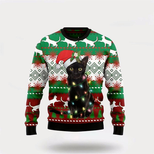 Goofygearprints Black Cat Light Christmas Ugly Christmas Sweater For Men And Women, Best Gift For Christmas, Christmas Fashion Winter
