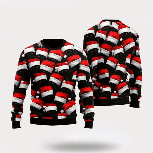 Goofygearprints Black Cat & Santa Hat Ugly Christmas Sweater For Men And Women, Best Gift For Christmas, Christmas Fashion Winter
