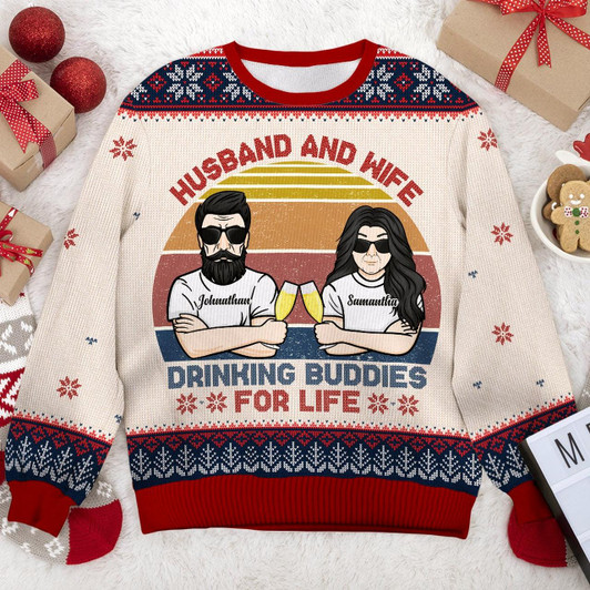 Goofygearprints Husband And Wife Drinking Buddies For Life - Gift For Couples, Personalized Custom Unisex Ugly Christmas Sweatshirt, Wool Sweatshirt, All-Over-Print Sweatshirt