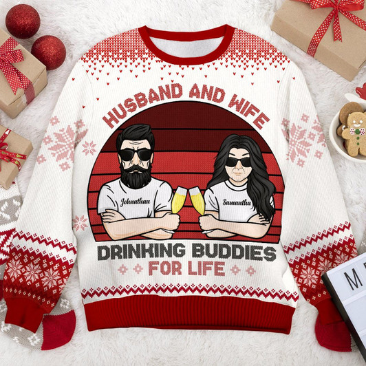 Goofygearprints Husband And Wife Drinking Buddies - Gift For Couples, Personalized Custom Unisex Ugly Christmas Sweatshirt, Wool Sweatshirt, All-Over-Print Sweatshirt