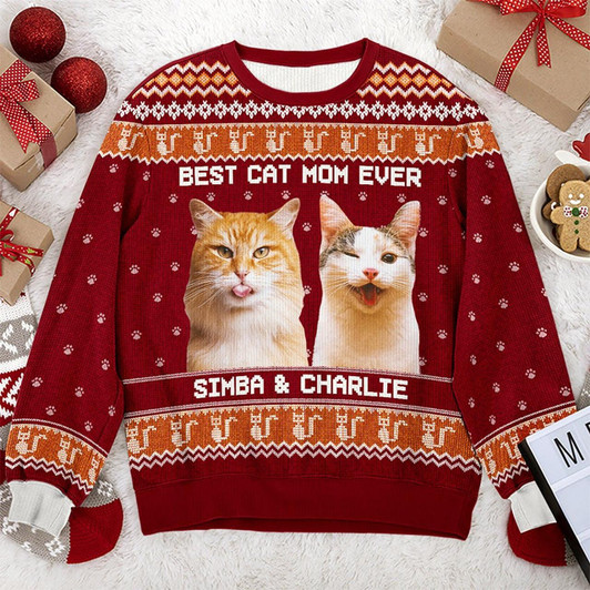 Goofygearprints Custom Photo Born To Be A Cat Mom - Cat Personalized Custom Ugly Sweatshirt - Unisex Wool Jumper - Christmas Gift For Pet Owners, Pet Lovers