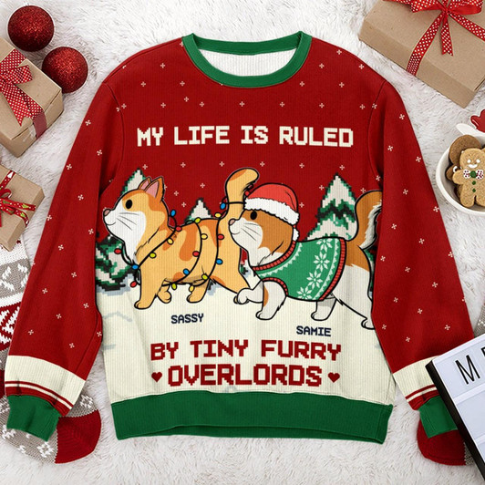 Goofygearprints My Life Is Ruled By Tiny Furry Overlords - Cat Personalized Custom Ugly Sweatshirt - Unisex Wool Jumper - Christmas Gift For Pet Owners, Pet Lovers
