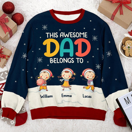 Goofygearprints This Awesome Dad - Family Personalized Custom Ugly Sweatshirt - Unisex Wool Jumper - Christmas Gift For Dad
