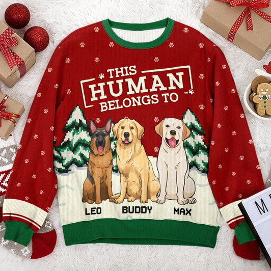 Goofygearprints This Human Belongs To Me - Dog Personalized Custom Ugly Sweatshirt - Unisex Wool Jumper - Christmas Gift For Pet Owners, Pet Lovers
