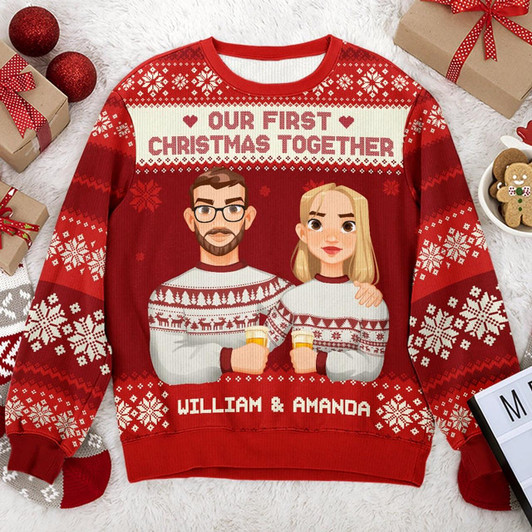 Goofygearprints Our First Christmas Together - Couple Personalized Custom Ugly Sweatshirt - Unisex Wool Jumper - Christmas Gift For Husband Wife, Anniversary