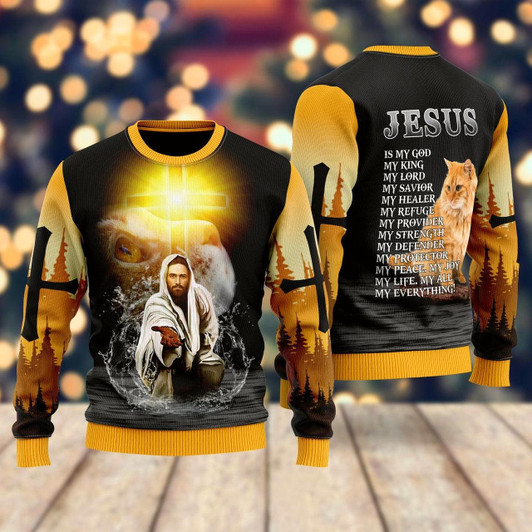 Goofygearprints Jesus And Cat My Everything Ugly Christmas Sweater For Men & Women - Jesus Christ Sweater - Christian Shirts Gifts Idea