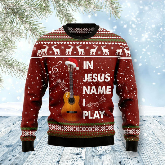 Goofygearprints In Jesus Name I Play Guitar Ugly Christmas Sweater - Xmas Gifts For Him Or Her - Christmas Gift For Friends - Jesus Christ Sweater