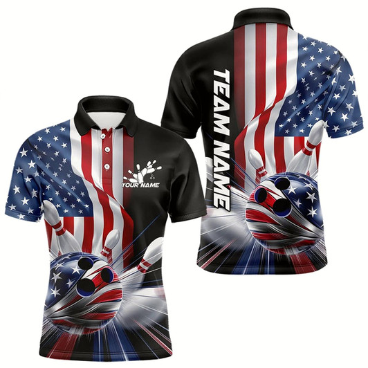 Goofygear Custom Us Flag Bowling League Shirts, Patriotic Bowling Team Polo Shirts For Men Style 1