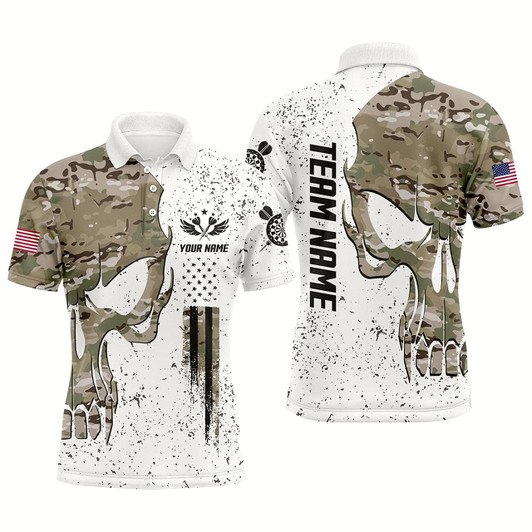 Goofygear Grunge Camo Skull American Flag Men Darts Polo Shirt Custom Patriotic Dart Jerseys For Men
