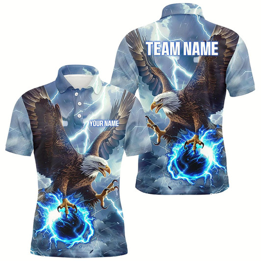 Goofygear Blue Lightning Thunder Bowling Eagle Custom Men Bowling Polo Shirts, Gift For Team Bowlers