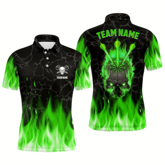 Goofygear Green Flame Skull Mens Darts Polo Shirt Custom Scary Darts Shirt For Men Dart Jerseys