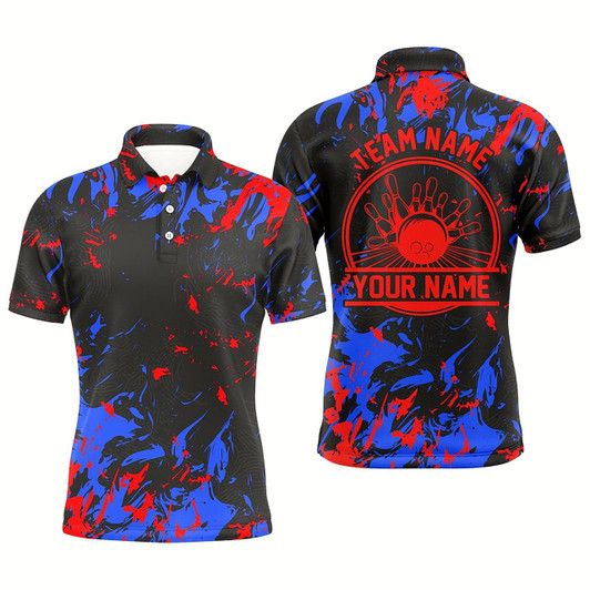 Goofygear Personalized Bowling Polo Shirts Men Bowling Balls And Pins Bowling Team Shirts Blue And Red
