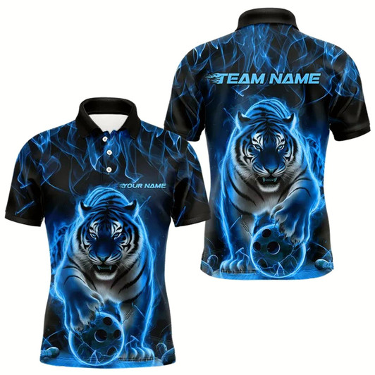 Goofygear Custom Black And Blue Flame Tiger Bowling Team Polo Shirts For Men, Fire Bowling Jerseys Style 1
