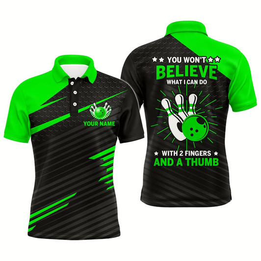 Goofygear Funny Bowling Polo Shirt For Men, Green & Black Custom Bowling Jersey, 2 Fingers And A Thumb