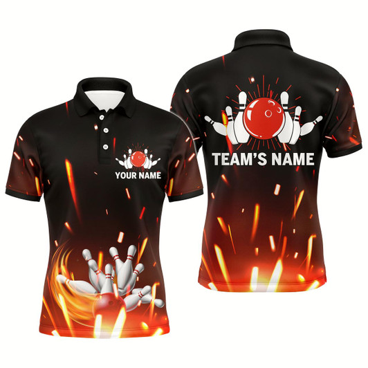 Goofygear Personalized Men Polo Bowling Shirt Flame Bowling Ball And Pins Short Sleeve Polo For Men Bowlers Style 1