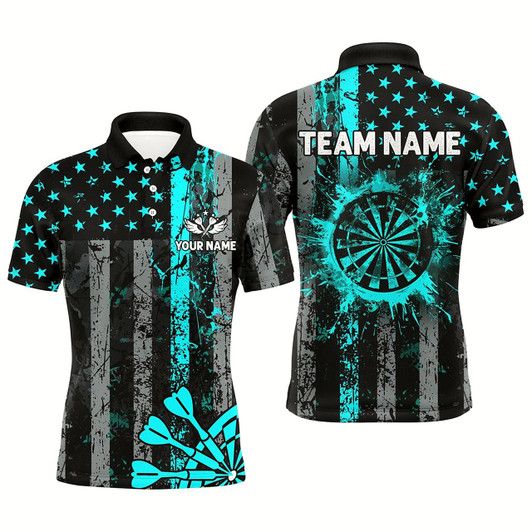 Goofygear Custom Turquoise Grunge Us Flag Patriotic Darts Shirt For Men, Retro Darts Board Darts Team Jerseys