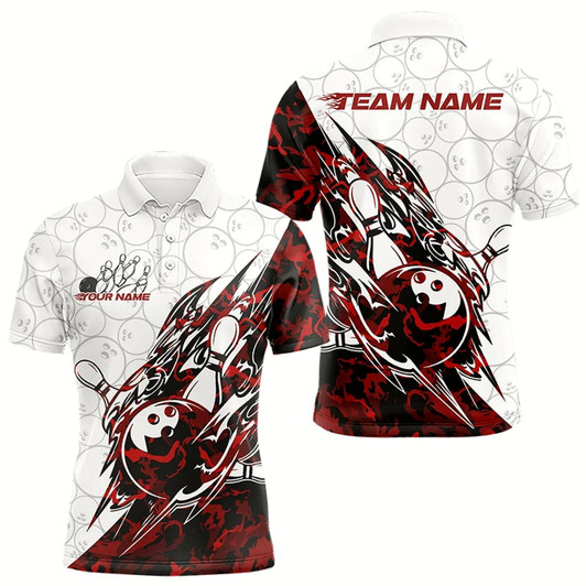 Goofygear Custom Red Camouflage Bowling Polo Shirts For Men, Camo Bowling Team Uniform Bowler Outfit