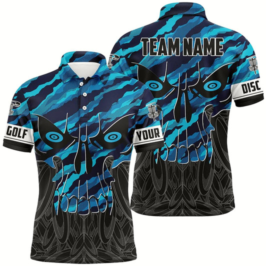 Goofygear Blue Camo Mens Disc Golf Polo Shirts Custom Skull Disc Golf Jerseys, Disc Golf Shirts