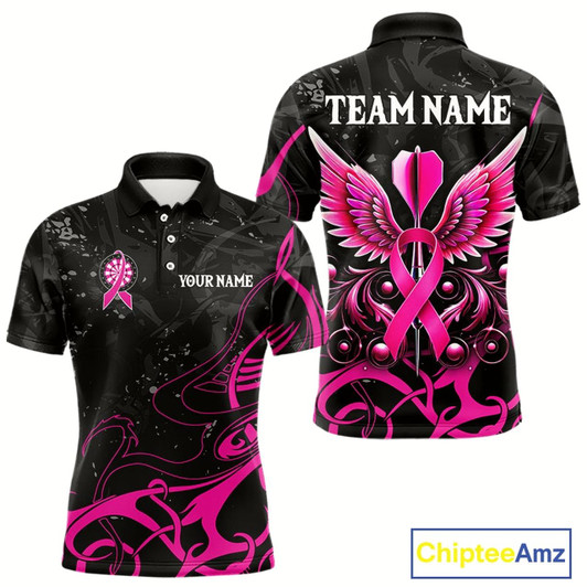 Goofygear Pink Black Custom Breast Cancer Wings Dart Shirt For Men With Pocket Option