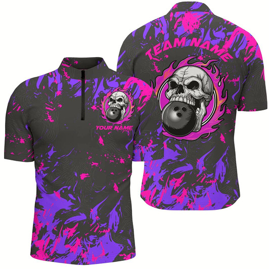 Goofygear Custom Pink And Purple Bowling Jerseys For Men , Flame Skull Bowling Team Shirts Style 1