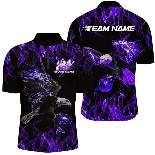 Goofygear Purple Flame Eagle Custom Bowling Team Shirts For Men, Fire Bowling League Shirt Bowler Outfit