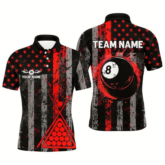 Goofygear Custom Red Grunge Us Flag Patriotic Billiard Shirts For Men, Retro 8 Ball Pool Billiard Team Jersey