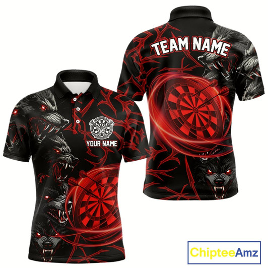 Goofygear Personalized Wolf Dart Shirts For Men Custom Lights Dartboard Darts Team Jerseys Red