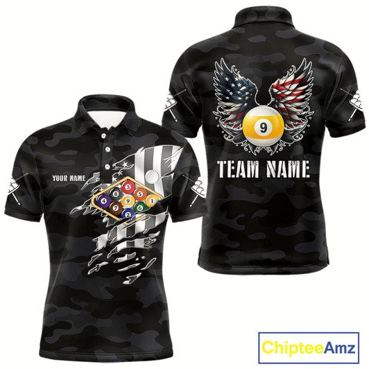 Goofygear Personalized Camouflage Us Flag Billiard Shirt For Men, Funny Patriotic 9 Ball Wings Pool Jersey