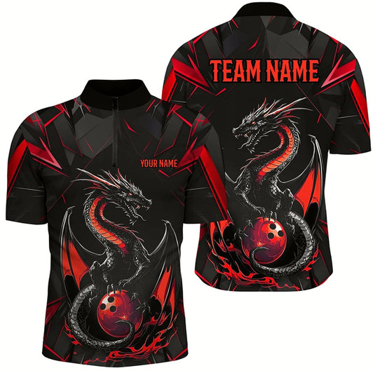 Goofygear Custom Black And Red Dragon Bowling Shirts For Men, Dragon Bowling Team Shirts Uniform