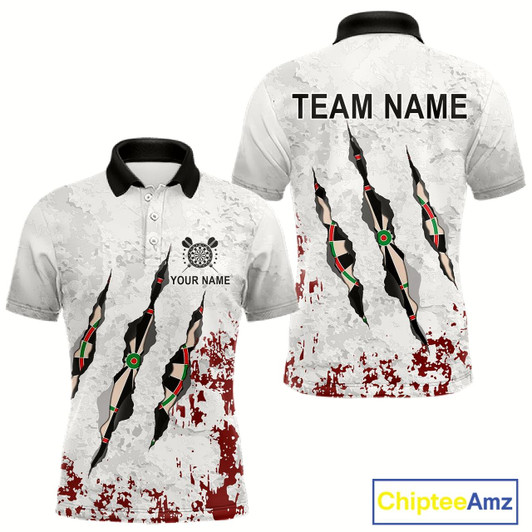 Goofygear Custom White Red Grunge Dart Shirt With Pocket Option For Men, Darts Jersey