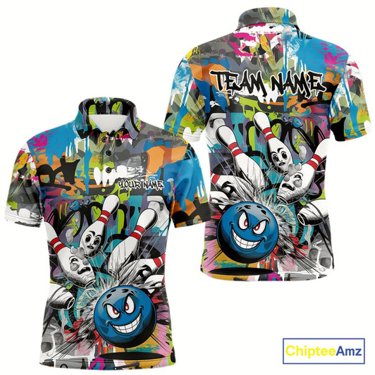 Goofygear Custom Funny Graffity Bowling Polo Shirts For Men, Bowling Team Shirt