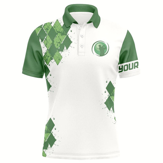 Goofygear Custom Mens Golf Polo Shirts, White And Green Argyle Pattern Polo Shirt For Men