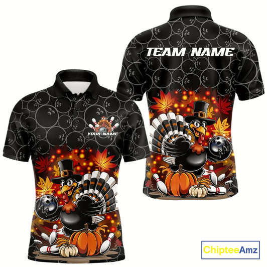 Goofygear Custom Funny Thanksgiving Turkey Bowling Men Polo Shirts, Autumn Bowling Shirt