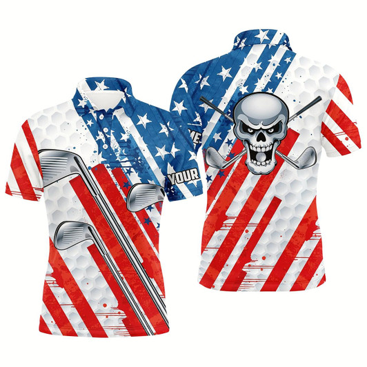Goofygear American Flag Golf Skull Patriotic Golf Clubs Men Polo Shirts Custom Team Golf Polo Shirt