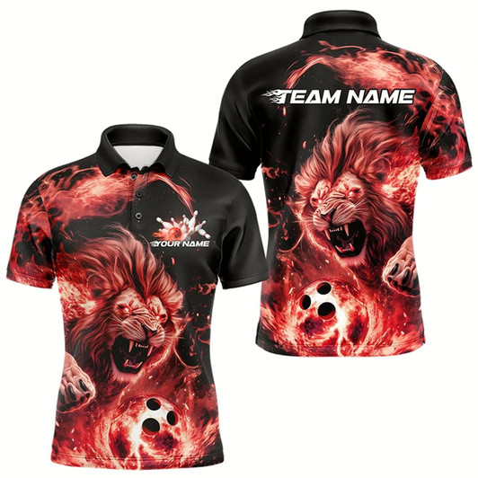 Goofygear Custom Red Flame Lion Bowling Team Men Polo Shirts, Lion Bowling League Shirt