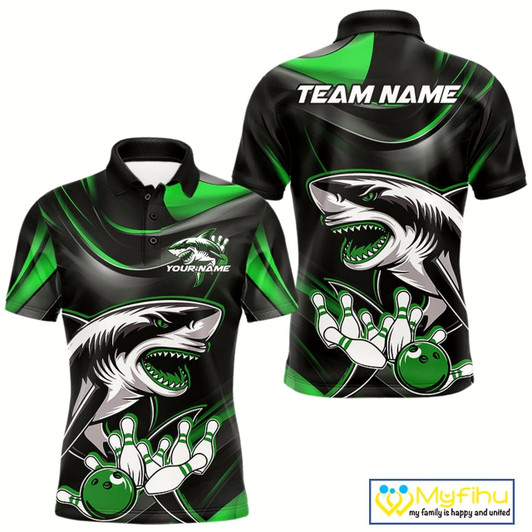 Goofygear Custom Black And Green Shark Bowling Team Polo Shirts For Men, Bowling League Shirt