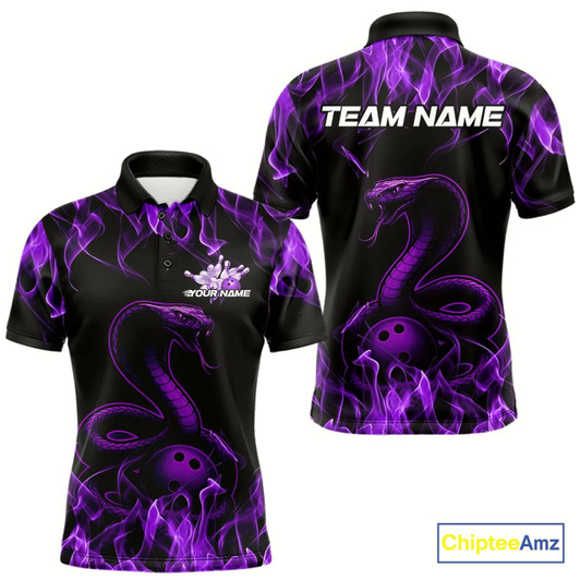 Goofygear Custom Black And Purple Flame Cobra Snake Bowling Men Polo Shirts, Bowling League Shirt