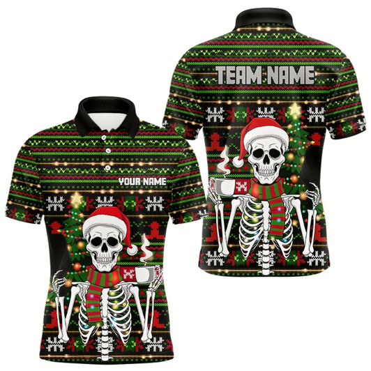 Goofygear Custom Ugly Sweater Pattern Skull Christmas Pickleball Polo Shirts For Men