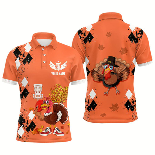 Goofygear Turkey Bird Thanksgiving Disc Golf Mens Polo Shirt Argyle Orange Custom Disc Golf Shirts For Men