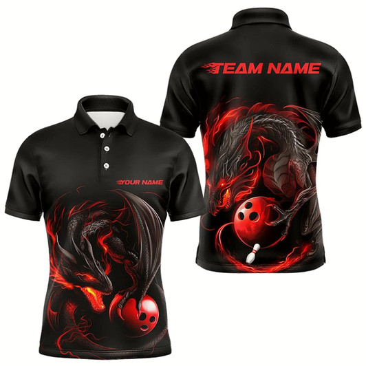 Goofygear Custom Black And Red Dragon Bowling Polo Shirts For Men, Dragon Bowling Tournament Team Shirt