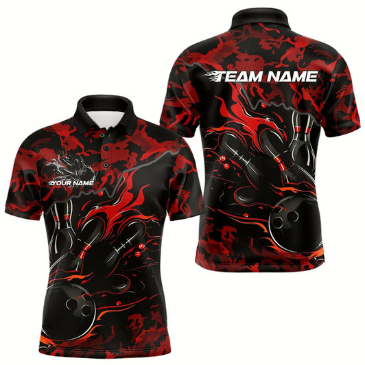 Goofygear Custom Black And Red Camo Flame Bowling Team Polo Shirts For Men, Bowling Tournament Shirt