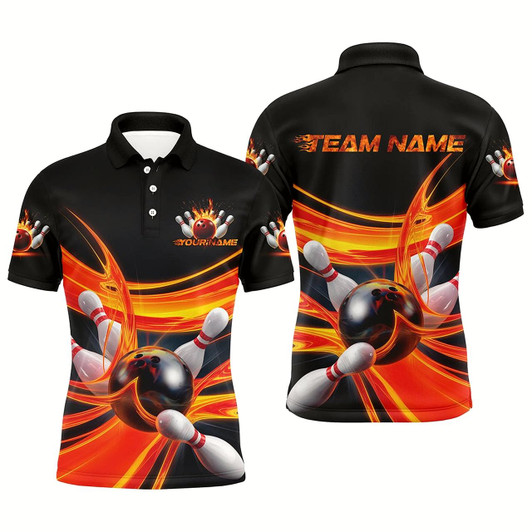 Goofygear Customized Flame Bowling Polo Shirts For Men, Flaming Bowling Team Shirt