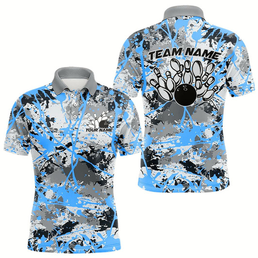 Goofygear Custom Blue Splatter Bowling Team Polo Shirts For Men, Bowling Tournament Shirts
