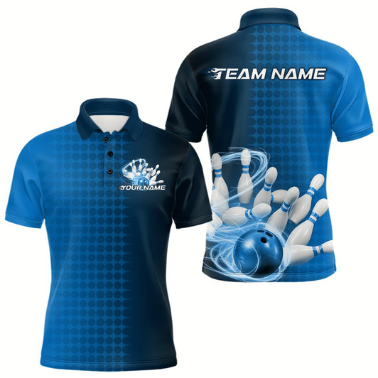 Goofygear Custom Blue Flame Bowling Polo Shirts For Men, Bowling Tournament Team Shirt