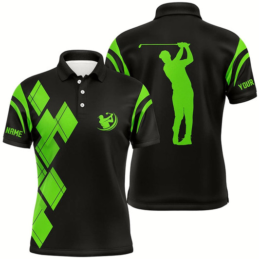Goofygear Black And Green Argyle Pattern Mens Golf Polo Shirts Custom Team Golf Shirt For Men