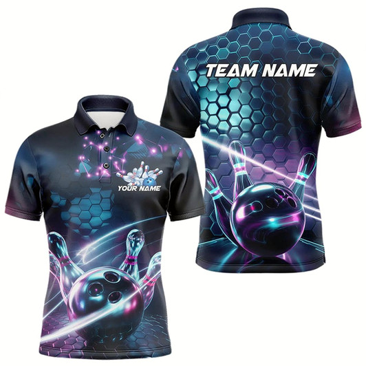 Goofygear Custom Hexagon Holographic Bowling Team Men Polo Shirts, Galaxy Bowling League Shirt