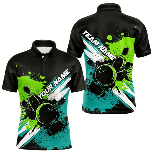 Goofygear Custom Blue And Green Bowling Tournament Team Shirt, Bowling Polo Shirts For Men