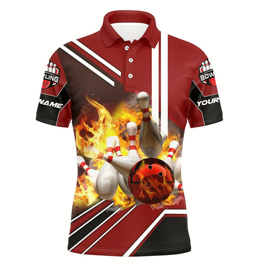 Goofygear Personalized Men Bowling Polo Shirt Flame Bowling Ball And Pins, Bowling Polo For Men Bowlers Red Style 2