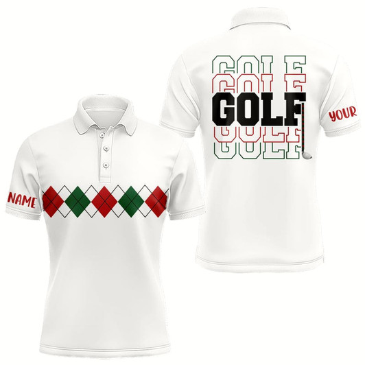 Goofygear Green, Red And White Christmas Argyle Pattern Men Golf Polo Shirt Custom Christmas Golf Shirts For Men